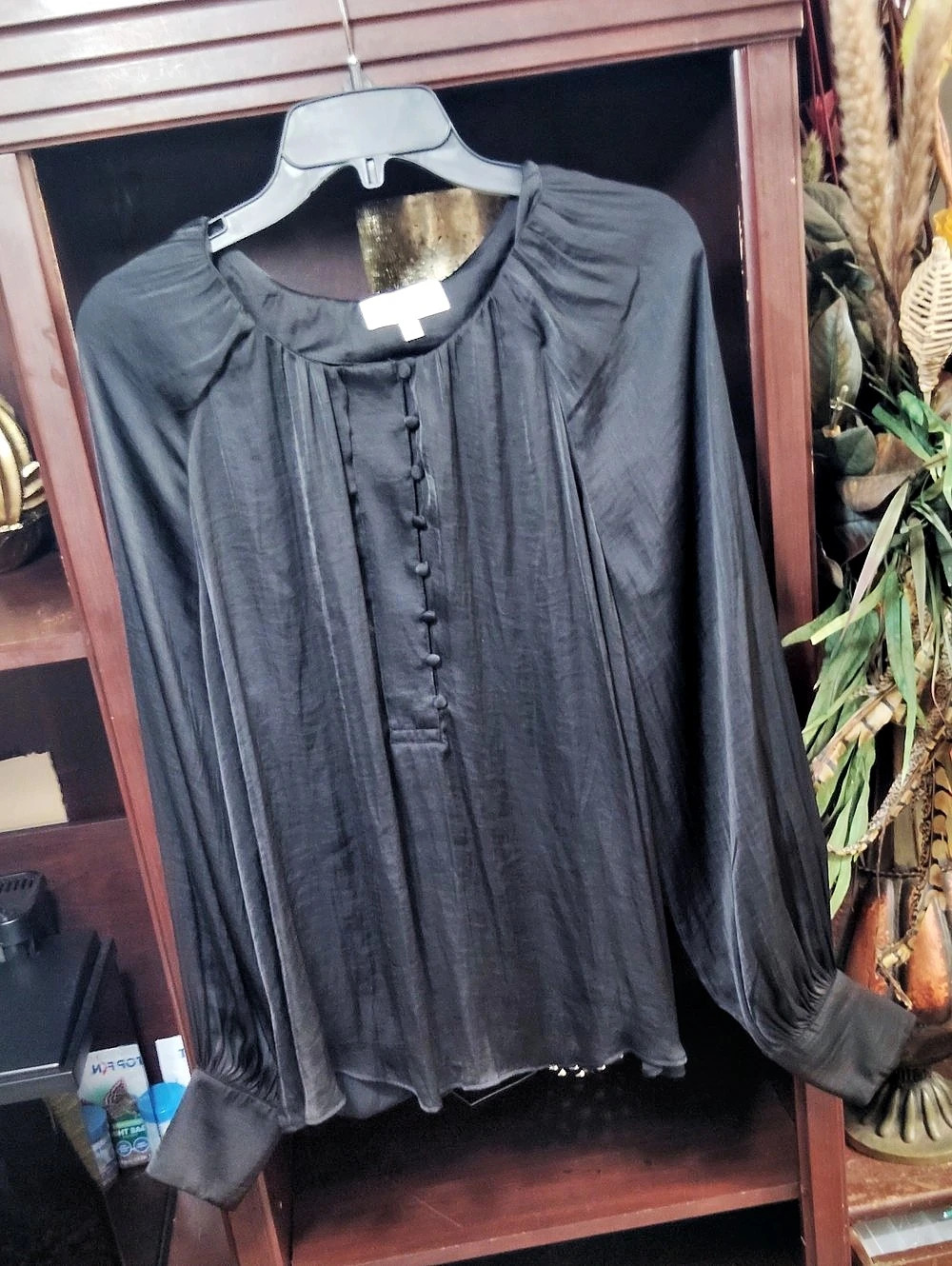 Black Pleated Long Sleeve Blouse
